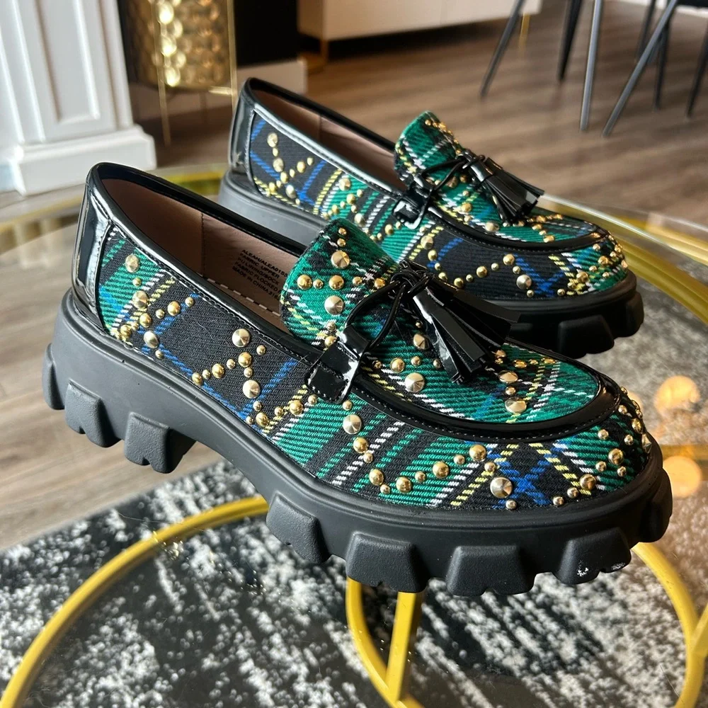 Betsey Johnson Green and Blue Plaid Tassel Loafers with Gold Studs - Picture 2 of 3